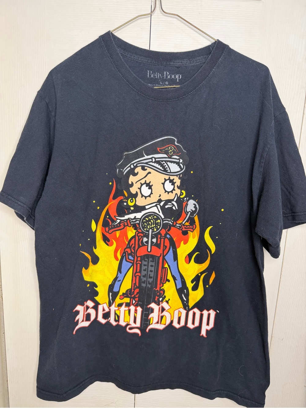 Betty Boop Black Tee with Motorcycle and Flame Graphic